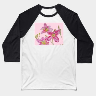 Pink Lily Flower Watercolor Painting Pattern - on Pastel Pink Baseball T-Shirt